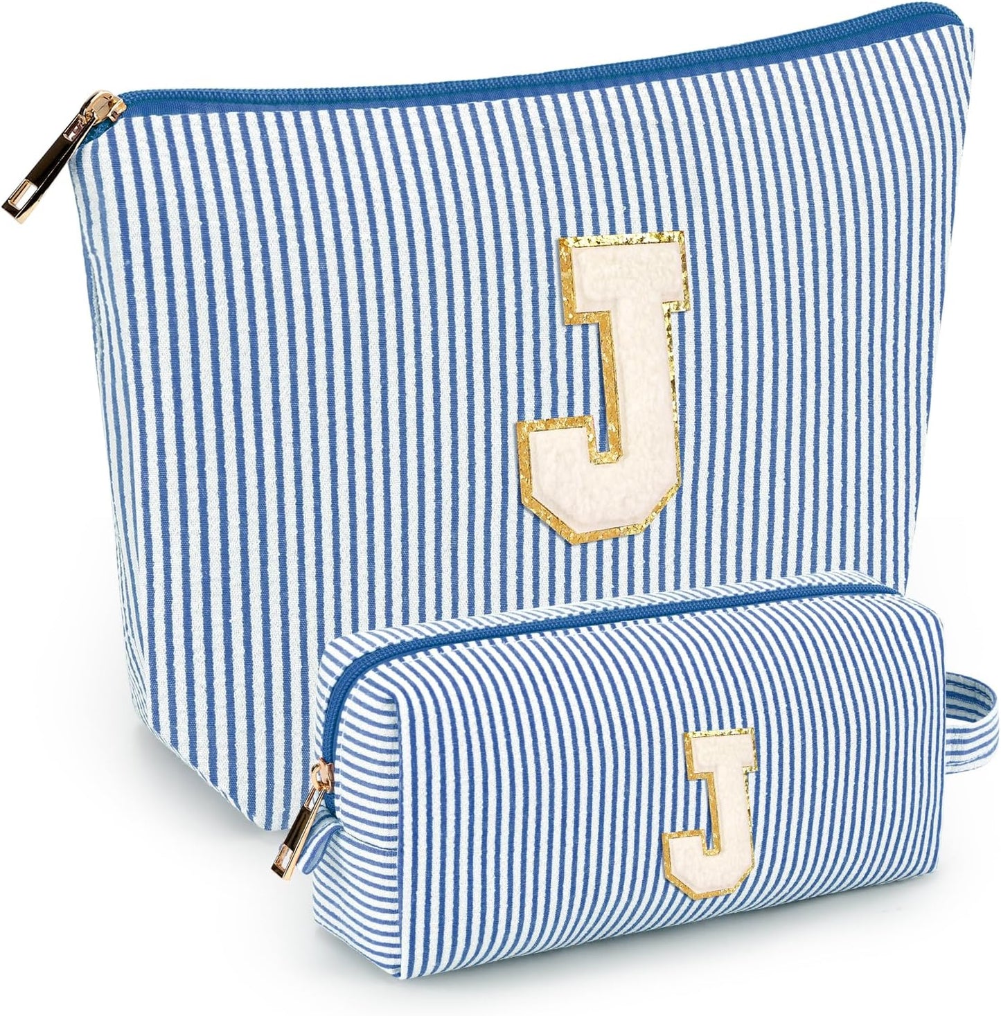 2 PCS Initial Makeup Bags for Women: Cosmetic Bag for Travel Toiletry - Birthday Gifts for 11 12 13 14 15 16 17 18 Years Old Girl Graduation Teacher Gift- Teen Girl Gifts Trendy Stuff - Blue J