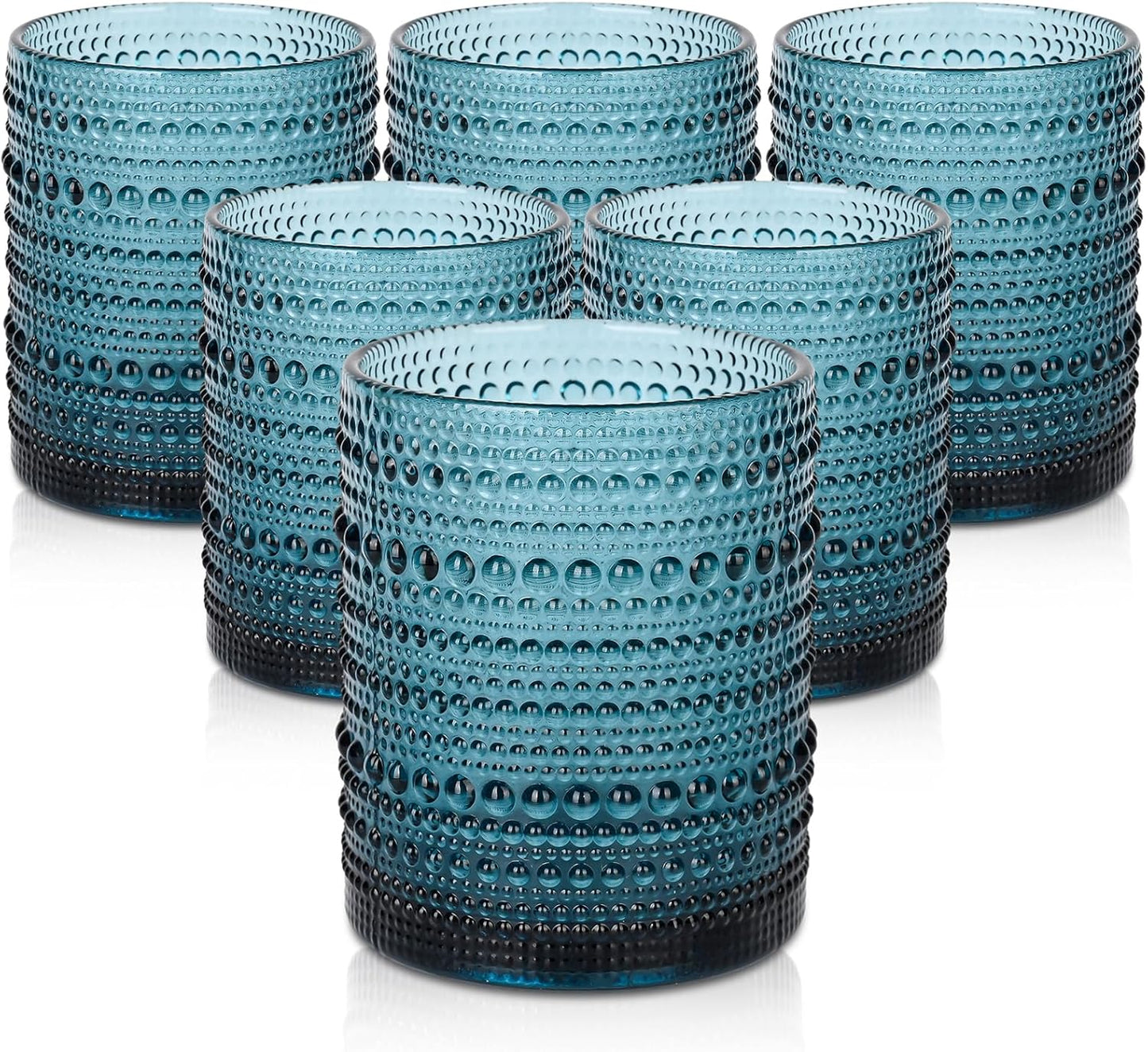 Vintage Glassware Drinking Glasses Set of 6,12 oz Hobnail Glass Cups,Embossed Blue Water Tumbler,for Beer,Cocktail,Whiskey,Juice and Various Mixed Drinks- 1 Cleaning Brush