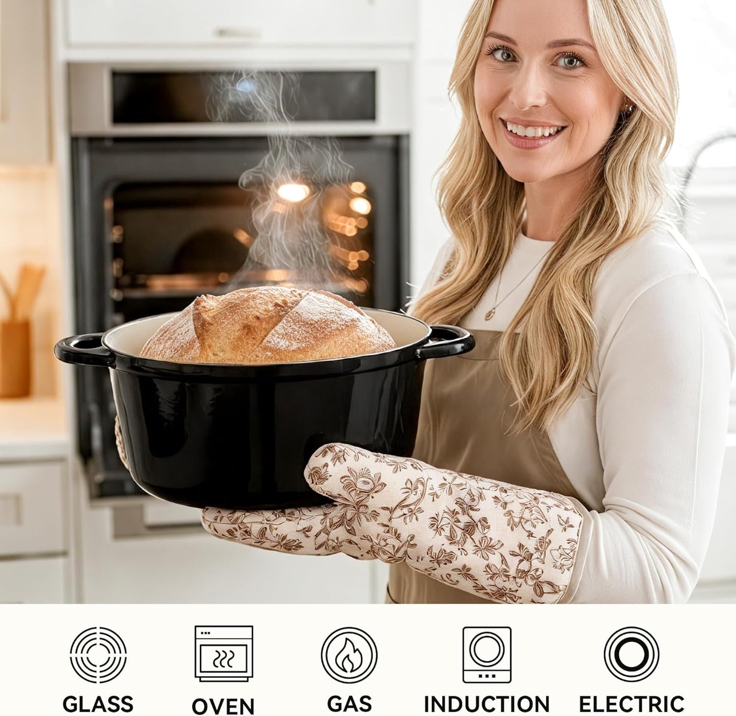 6 Quart Dutch Oven Pot with Lid, Non Stick Enameled Cast Iron Dutch Oven for Bread Baking, Heavy-Duty, Oven Safe Ceramic Cookware Up to 500°F for Baking, Braising, Stews, Roasting, Black