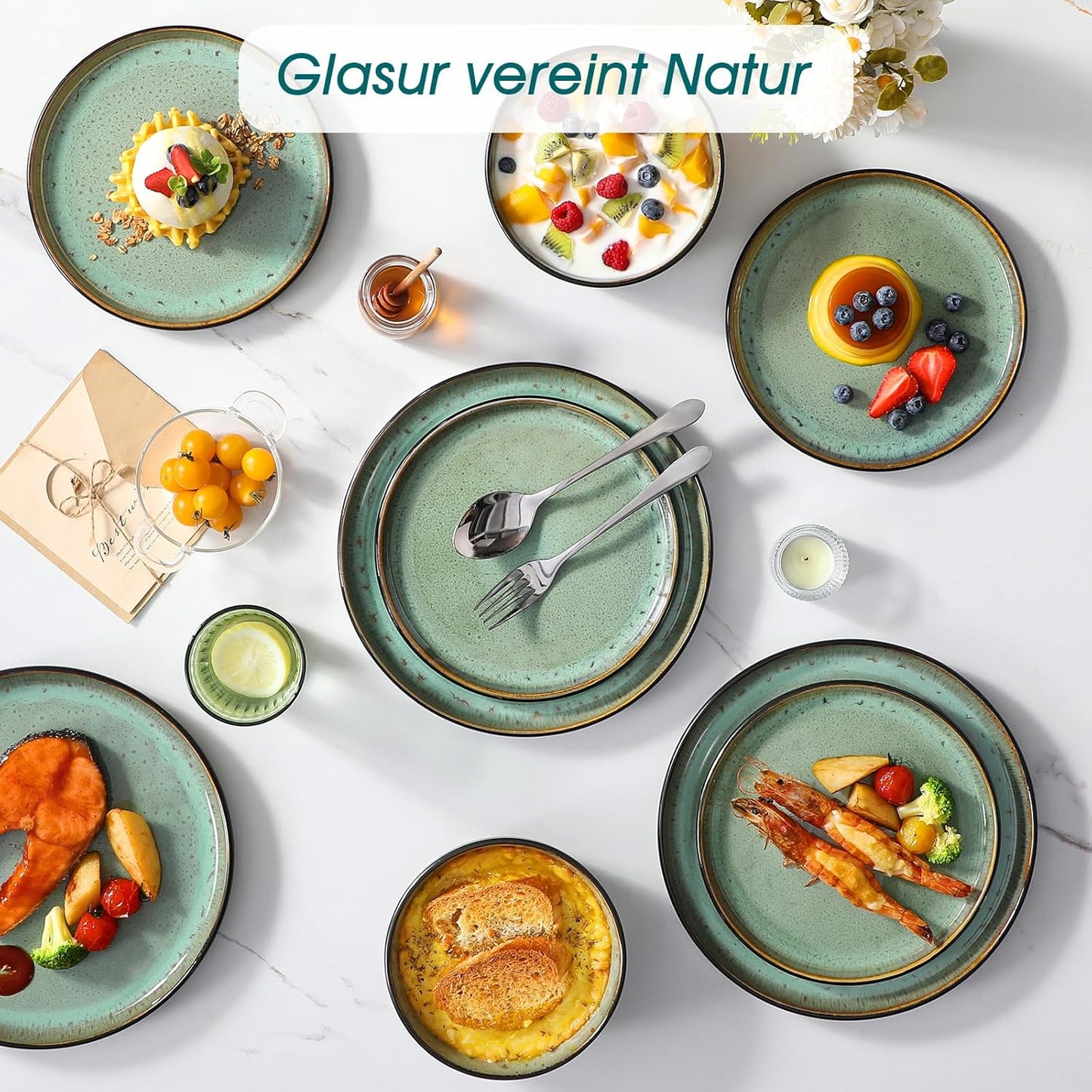 vancasso Plates and Bowls Sets, 18 Pieces Stoneware Dinnerware Sets for 6, Kitchen Dish Set Mircowave and Dishwasher Safe Dinner Set Ceramic Dishware, Turf Green, Series AMBER