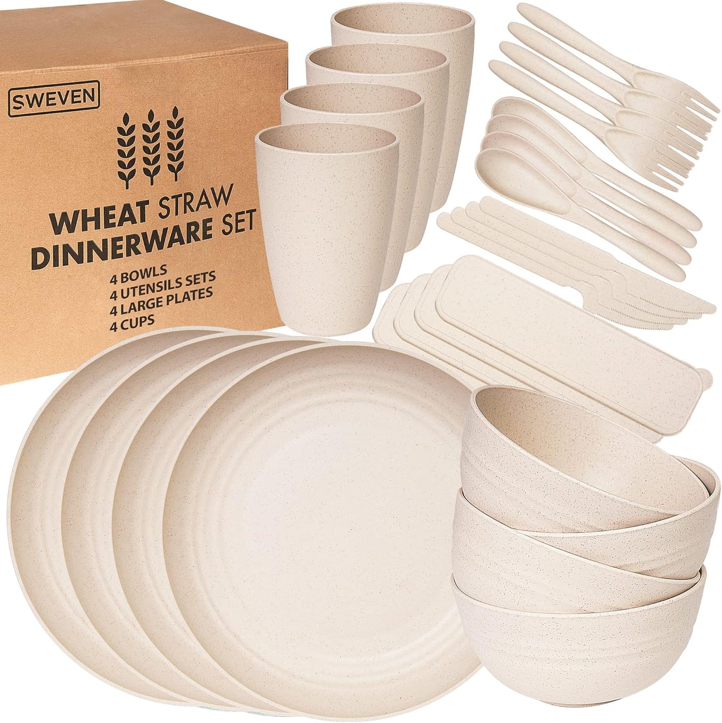 Wheat Straw Dinnerware Sets | Unbreakable Dinnerware Sets | Dishwasher Microwave Safe Dinnerware | Eco Friendly Non Breakable Dinnerware Sets | RV Outdoor Camping (Beige, Service for 4 (28 pcs))