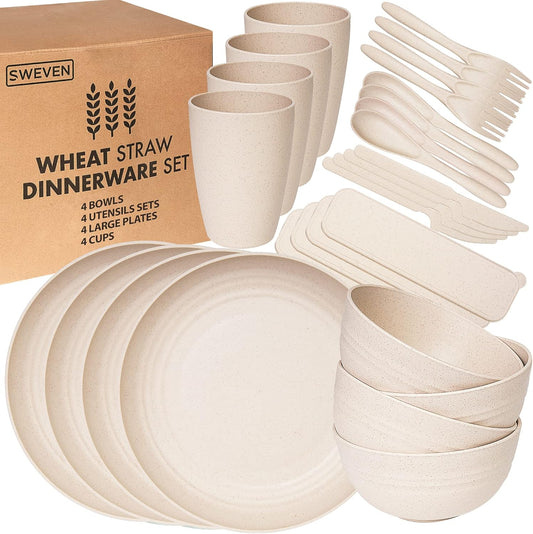 Wheat Straw Dinnerware Sets | Unbreakable Dinnerware Sets | Dishwasher Microwave Safe Dinnerware | Eco Friendly Non Breakable Dinnerware Sets | RV Outdoor Camping (Beige, Service for 4 (28 pcs))
