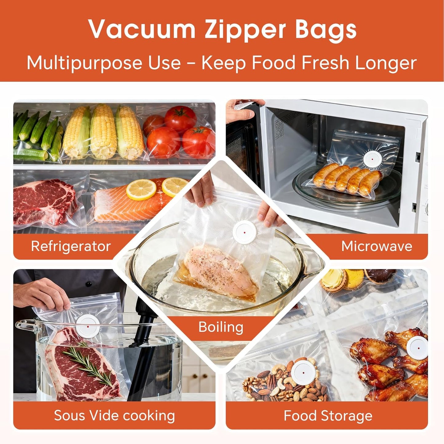 Reusable Vacuum Sealer Bags 12 Pack (11.8"x13.4") with 2 Clips, BPA-Free Vacuum Zipper Bags for Food Storage, Freezer & Sous Vide Cooking, Compatible with Food Saver Vacuum Sealers
