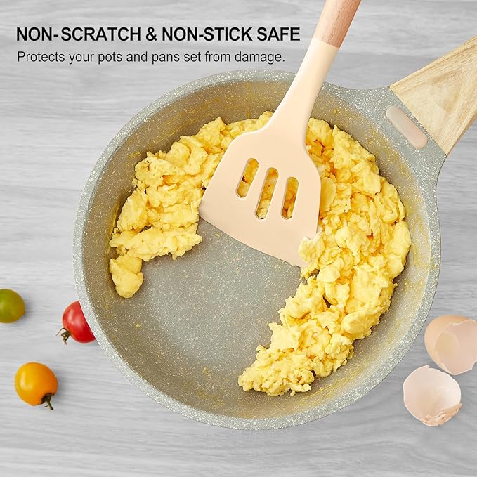 Kitchen Utensils Set - 34 PCS Non-Stick Silicone Cooking Utensils Set with Wooden Handle,Kitchen Gadgets Tools Set for Nonstick Cookware (Khaki-34P)
