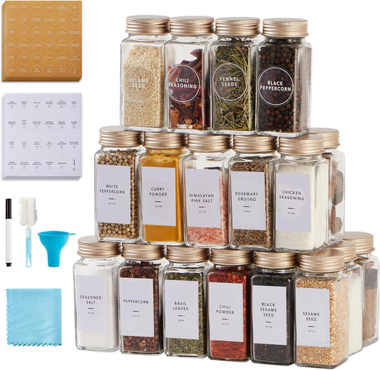 48 Pcs Spice Jars with Label- Glass Spice Jars with Gold Metal Caps,Shaker Lids, Funnel, Chalk Pen, Brush,Cleaning Cloth,Skiileor 4oz Seasoning Containers Bottles for Spice Rack, Cabinet, Drawer