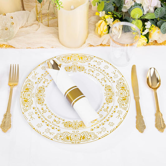 GATHER 350PCS White and Gold Plastic Plates - Gold Disposable Dinnerware Set Include 50 Dinner Plates, 50 Dessert Plates, 150 Gold Plastic Silverware, 50 Napkins, 50 Cups for Wedding & Thanksgiving