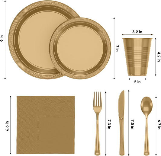 Party Solids 350 Pieces Gold Plastic Plates For Party, Gold Disposable Plates Set, 50 Of Each 9" Dinner Plate Set, 7" Dessert Plate, Cups, Napkins & Cutlery Plastic Dinnerware