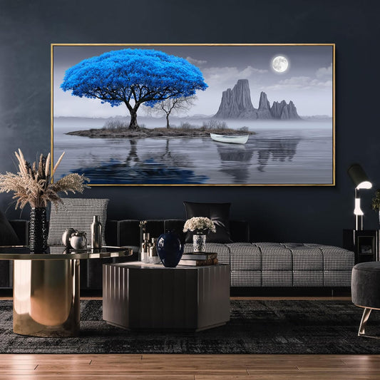 XLSJERST Living Room Wall Decor - Black and White Blue Tree Moon Canvas Wall Decor for Home Artwork Painting 29x58 Inches Canvas Print for Bedroom Decor Modern Salon Kitchen Office Hang a Picture