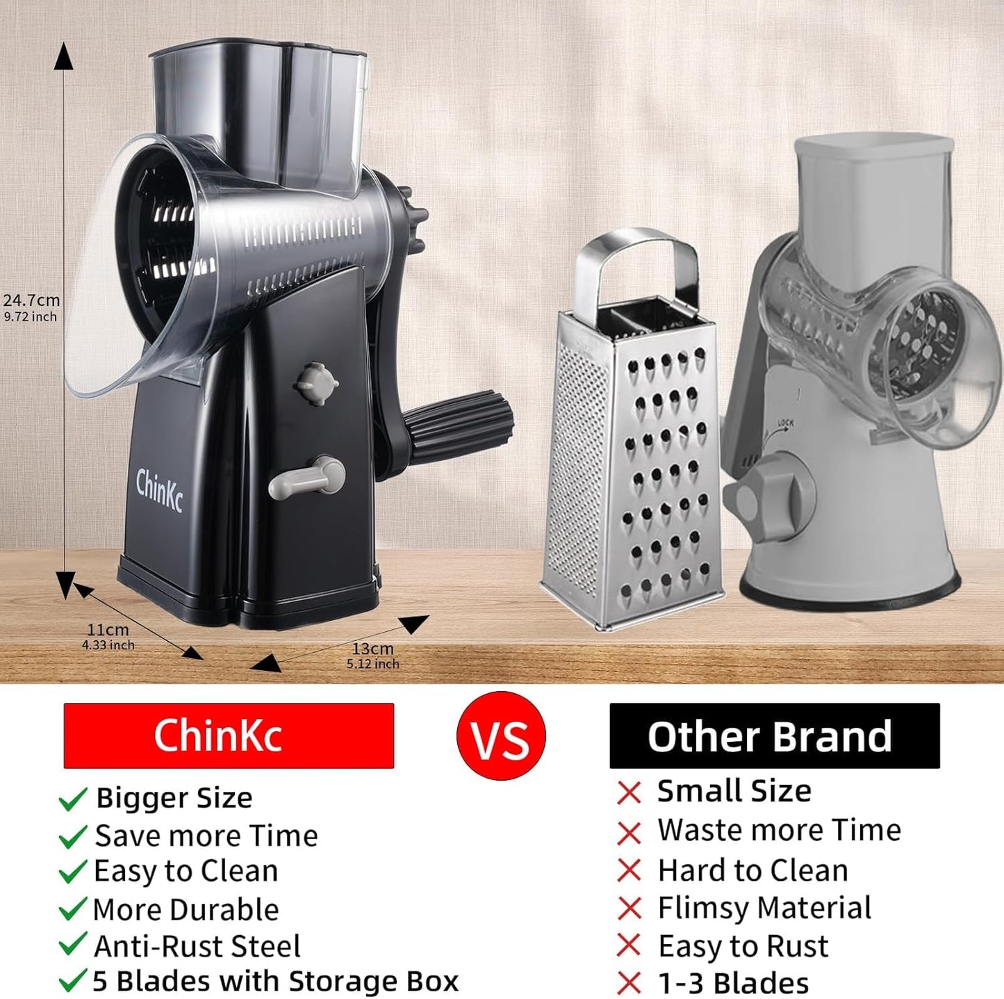 Rotary Cheese Grater Shredder - Upgraded 5 in 1 Cheese Grater with Handle and Strong Suction Base, Multi-purpose Julienne Slicer Ice Shaver Nuts Grinder for Ice, Vegetables, Fruit, Nuts