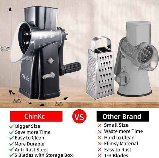 Rotary Cheese Grater Shredder - Upgraded 5 in 1 Cheese Grater with Handle and Strong Suction Base, Multi-purpose Julienne Slicer Ice Shaver Nuts Grinder for Ice, Vegetables, Fruit, Nuts