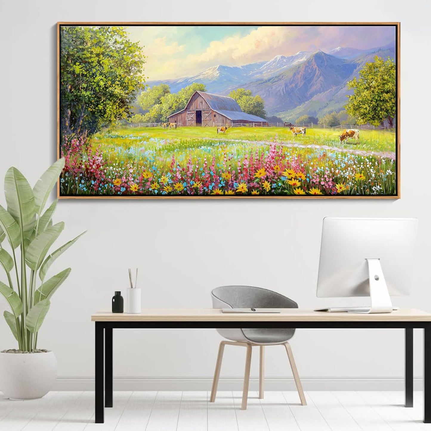 AJAZIKO Rustic Mountain Wall Art - Farmhouse Landscape Wall Decor with Highland Cow & Floral Art - Nature & Country Artwork for Living Room, Bedroom & Walls - Framed Flower Pictures for Home 29x58IN