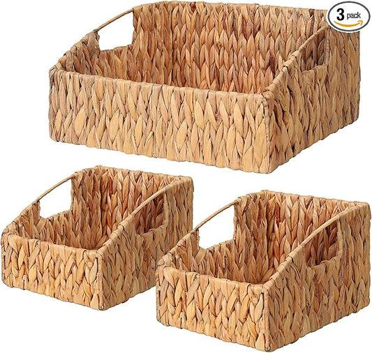 Ollieroo Natural Water Hyacinth Storage Baskets, Handwoven Wicker Storage Bins with Built-in Handles, Storage Container Baskets for Shelves, Bedroom, Bathroom, Laundry Room or Kitchen(Set of 3)