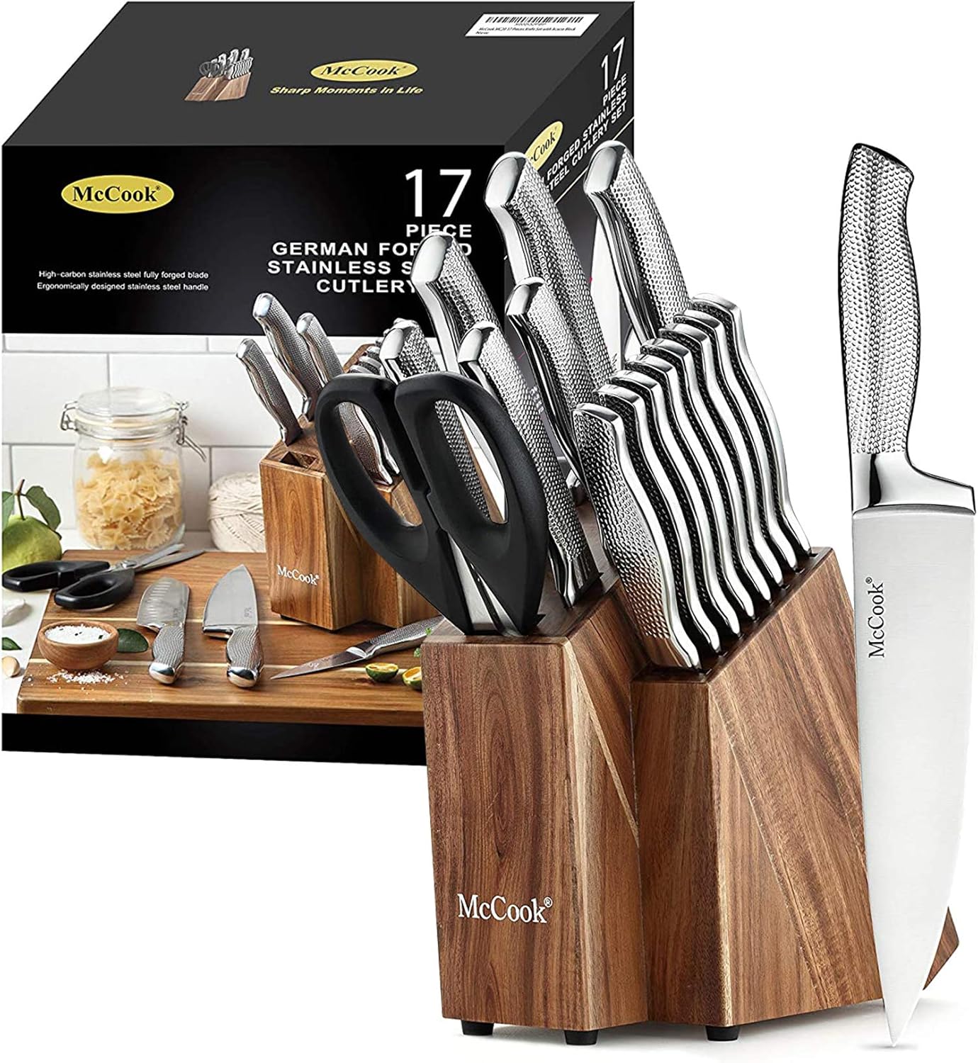 McCook® Premium Knife Sets,Full Tang Hammered German Stainless Steel Kitchen Knife Set with 8 Pieces Steak Knives and Acacia Block