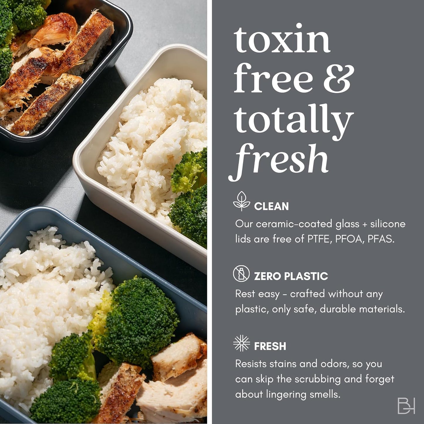 Ceramic Coated Glass Food Storage Container | No PTFE, PFOA, PFAS, and BPA | Reusable Non Toxic Meal Prep Container with Glass Lid | Easy To Store | 6 Piece Food Prep [Crema]