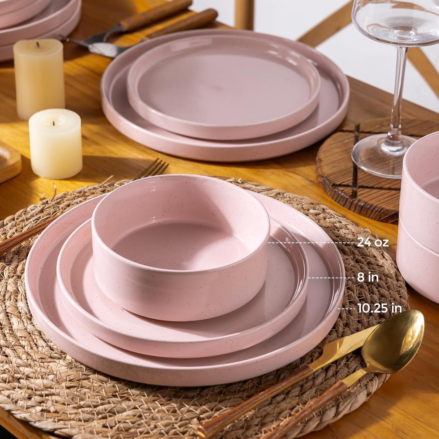 AmorArc Ceramic Dinnerware Set for 6 | Speckled Stoneware Plates and Bowls with Rustic Terracotta Underside| Scratch Resistant,Dishwasher & Microwave Safe Dishes Sets- 18pcs Pink