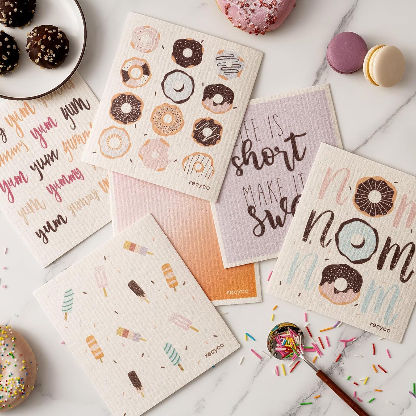 RECYCO Swedish Dishcloths for Kitchen | 6 Pack Sugar Rush Washable Dish Rags | Cellulose Reusable Cleaning Paper Towels | Absorbent Counter Dish Cloth Sponge Kitchen Wipes, 8" L x 7" W