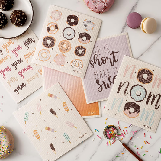 RECYCO Swedish Dishcloths for Kitchen | 6 Pack Sugar Rush Washable Dish Rags | Cellulose Reusable Cleaning Paper Towels | Absorbent Counter Dish Cloth Sponge Kitchen Wipes, 8" L x 7" W