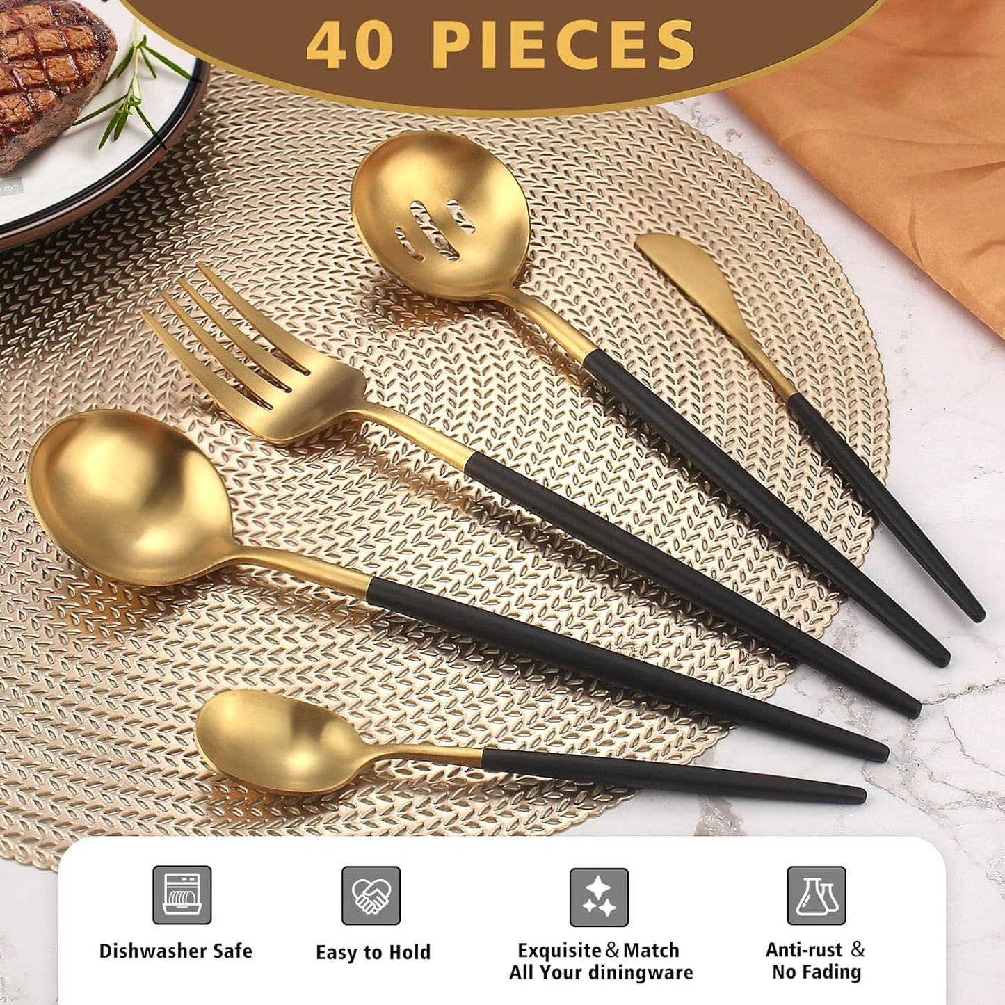 5-Piece Matte Black Gold Stainless Steel Large Hostess Set With Round Edge Satin Finish Dishwasher Safe - Large Serving Set Including Fork, Knife, Sugar Spoon And Slotted Spoon
