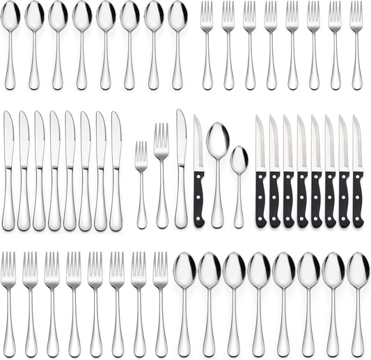 LIANYU 48-Piece Silverware Set with Steak Knives, Stainless Steel Flatware Cutlery Set for 8, Fancy Eating Utensils Tableware, Dishwasher Safe, Mirror Finish
