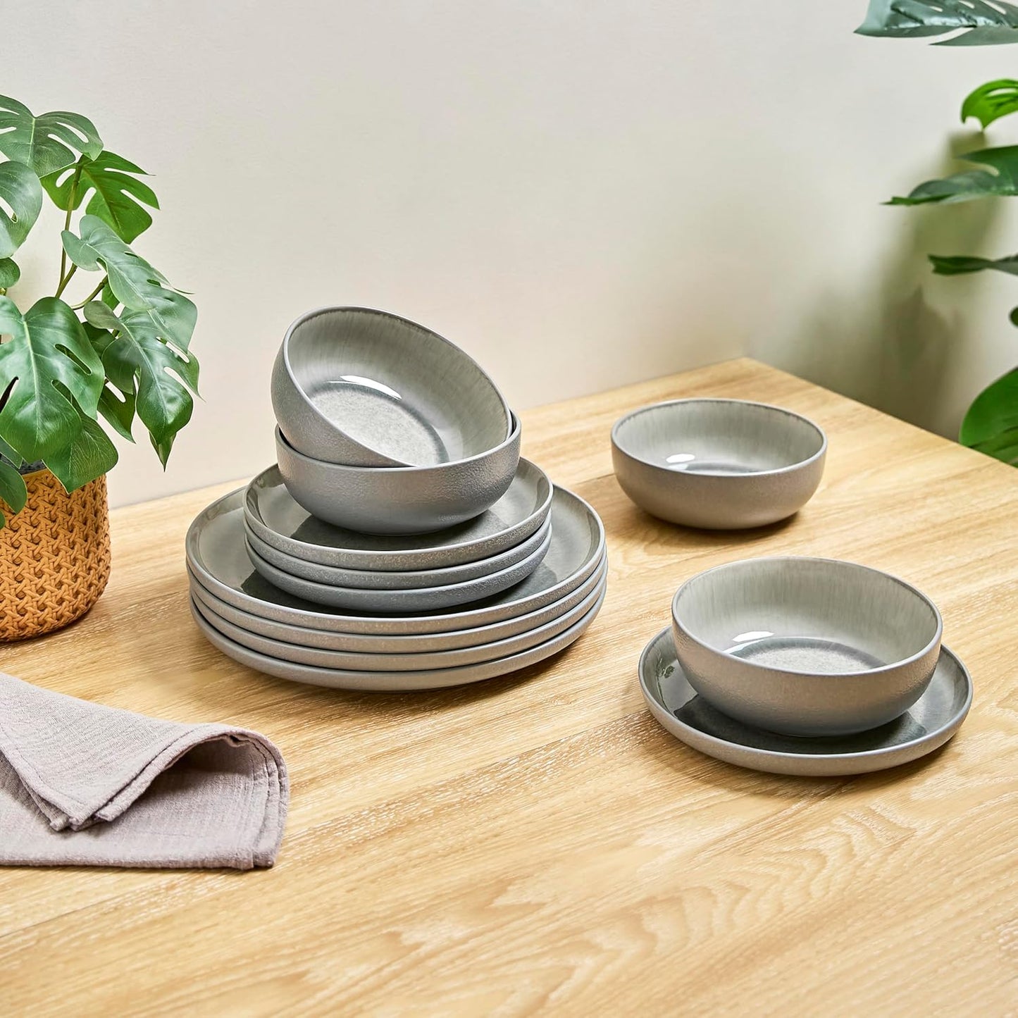 Sango Asher 12-Piece Stoneware Dinnerware Set for 4, Gray Ceramic Plates and Bowls Sets, Modern Dish Set with Reactive Glaze, Durable Kitchen Dishes for Casual Dining, Microwave & Dishwasher Safe