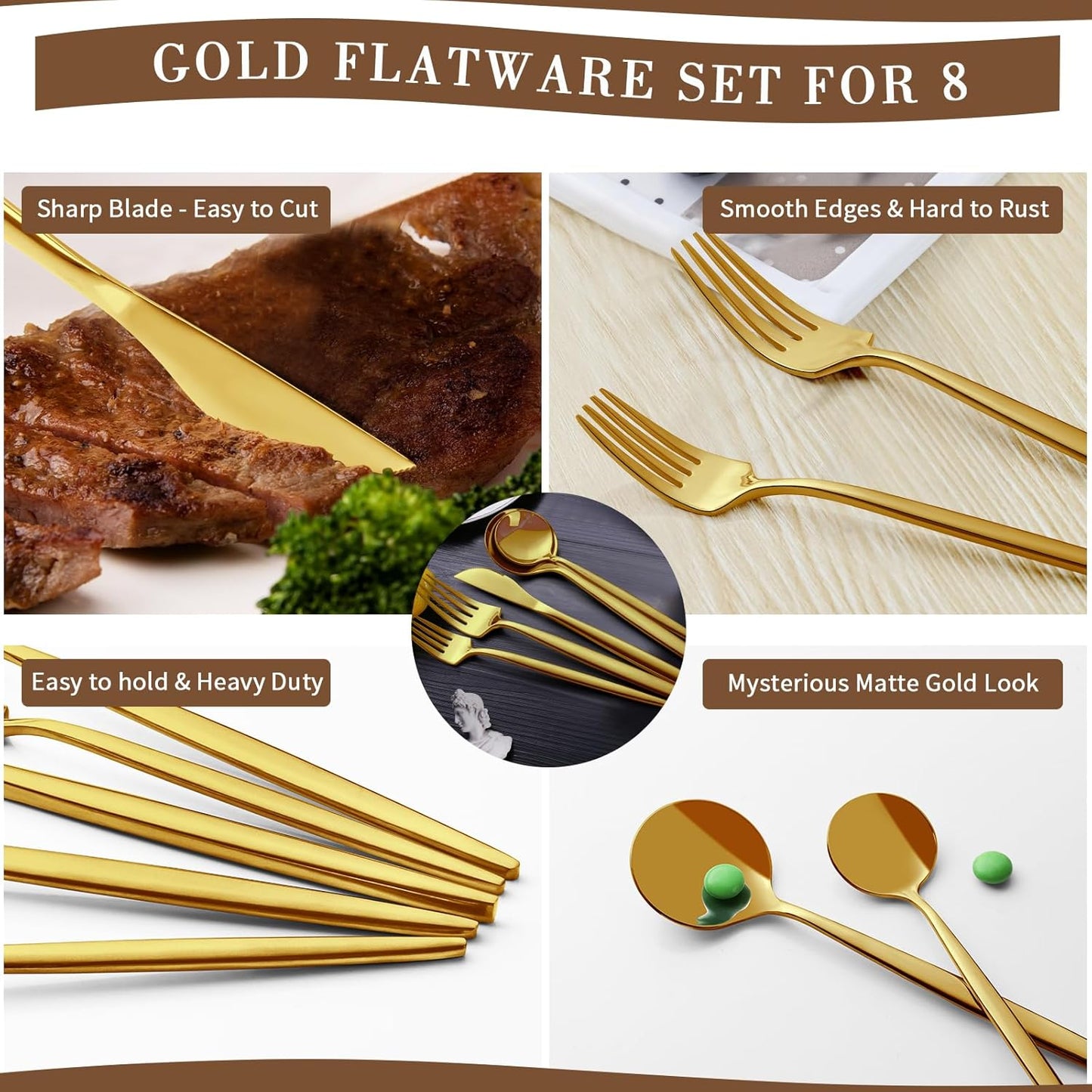 CEKEE Gold Silverware Set, 40 Piece Gold Utensils Set Service for 8, Stainless Steel Flatware Set Include Knives Spoons and Forks Cutlery Set for Kitchen Home Restaurant Wedding, Satin Finish