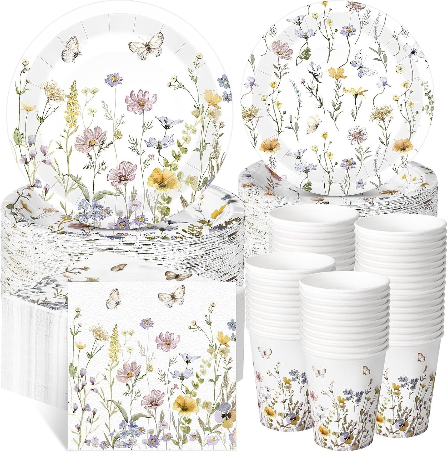 250 Pcs Wildflower Party Decorations Include Spring Summer Floral Paper Plates Napkins and Cups for Wildflower Baby Shower Tea Decorations, Serve 50 Guest(Light Color,Elegant Style)