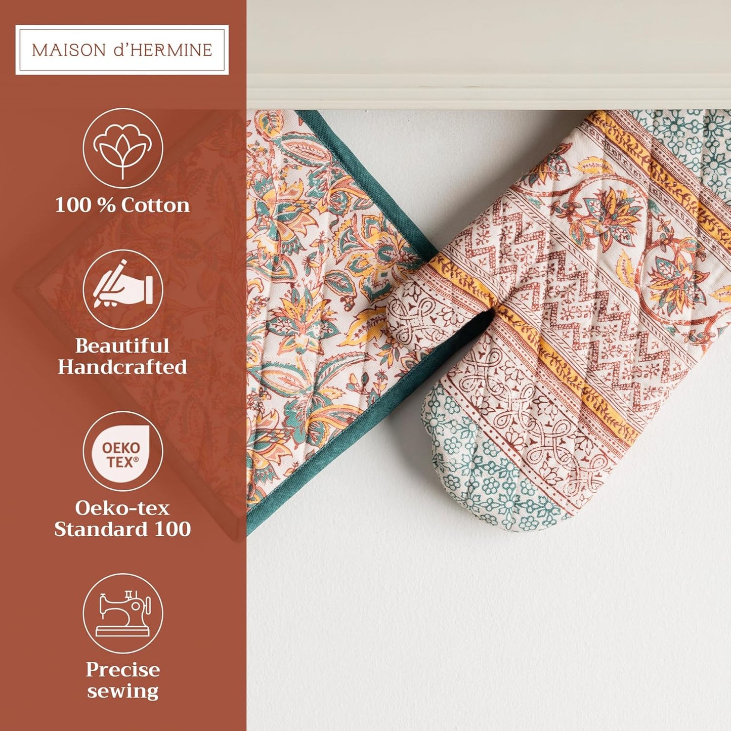 Maison d' Hermine 100% Cotton Oven Mitt & Pot Holder Set (7.5"x13" & 8"x8") Heat Resistant BBQ Cooking Gloves with Loop for Thanksgiving Christmas Decorations Handling Hot Pans (Nila)