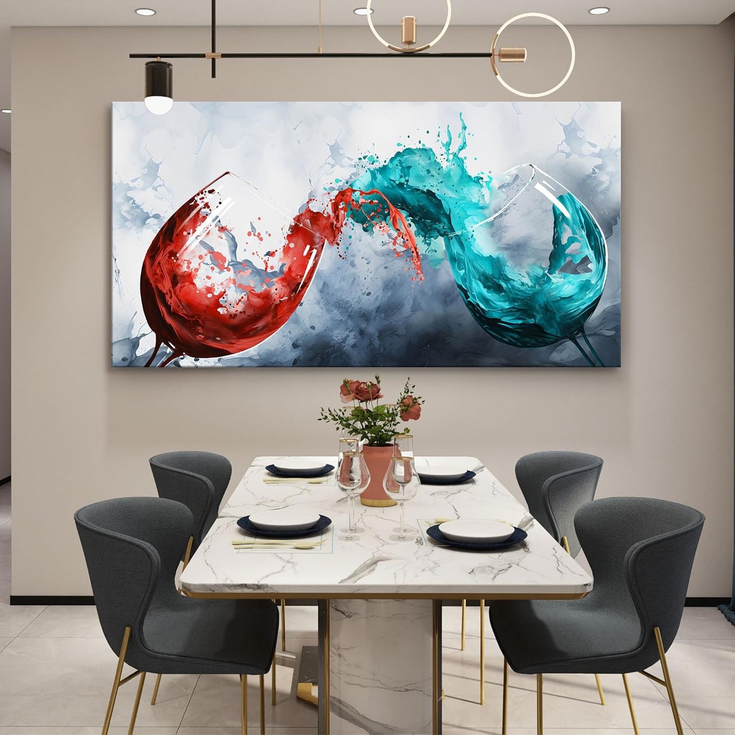 Pogusmavi Dining Room Wall Art Wine Glass Canvas Wall Pictures Kitchen Art Wall Decor Blue & Red Wine Cups Painting Modern Wall Art for Living Room Office Artwork Wall Decor 24x48IN