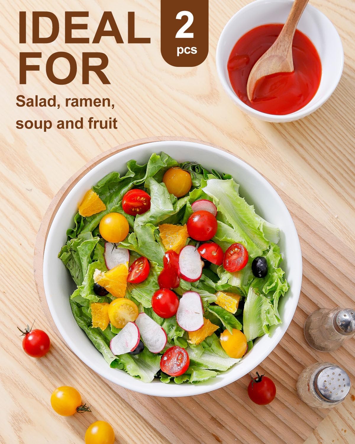 HASENSE Large Salad Bowls of 2, Porcelain 60 Oz Serving Bowl 8 Inch for Kitchen Dining,Elegant Ribbed White Ceramic Dishes for Party,Soup,Pho,Pasta,Cereal,Fruit - Dishwasher & Microwave Safe