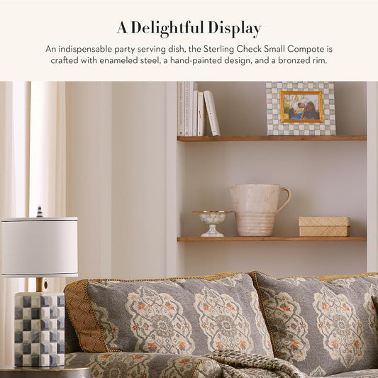 MACKENZIE-CHILDS Enamel Compote, Cute Enamel Pedestal Serving Dish or Decorative Bowl, Small, Gray-and-White Sterling Check