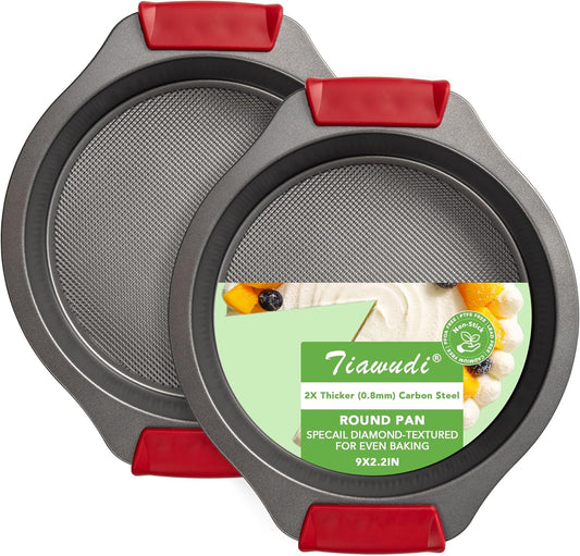Tiawudi 9" Round Cake Pan Set of 2, 0.8mm Thick Heavy Duty Bakeware for Tiered & Layered Cakes, Nonstick Baking Pan with Diamond Texture for Even Heating, Cake Mold with Silicone Grip Handles