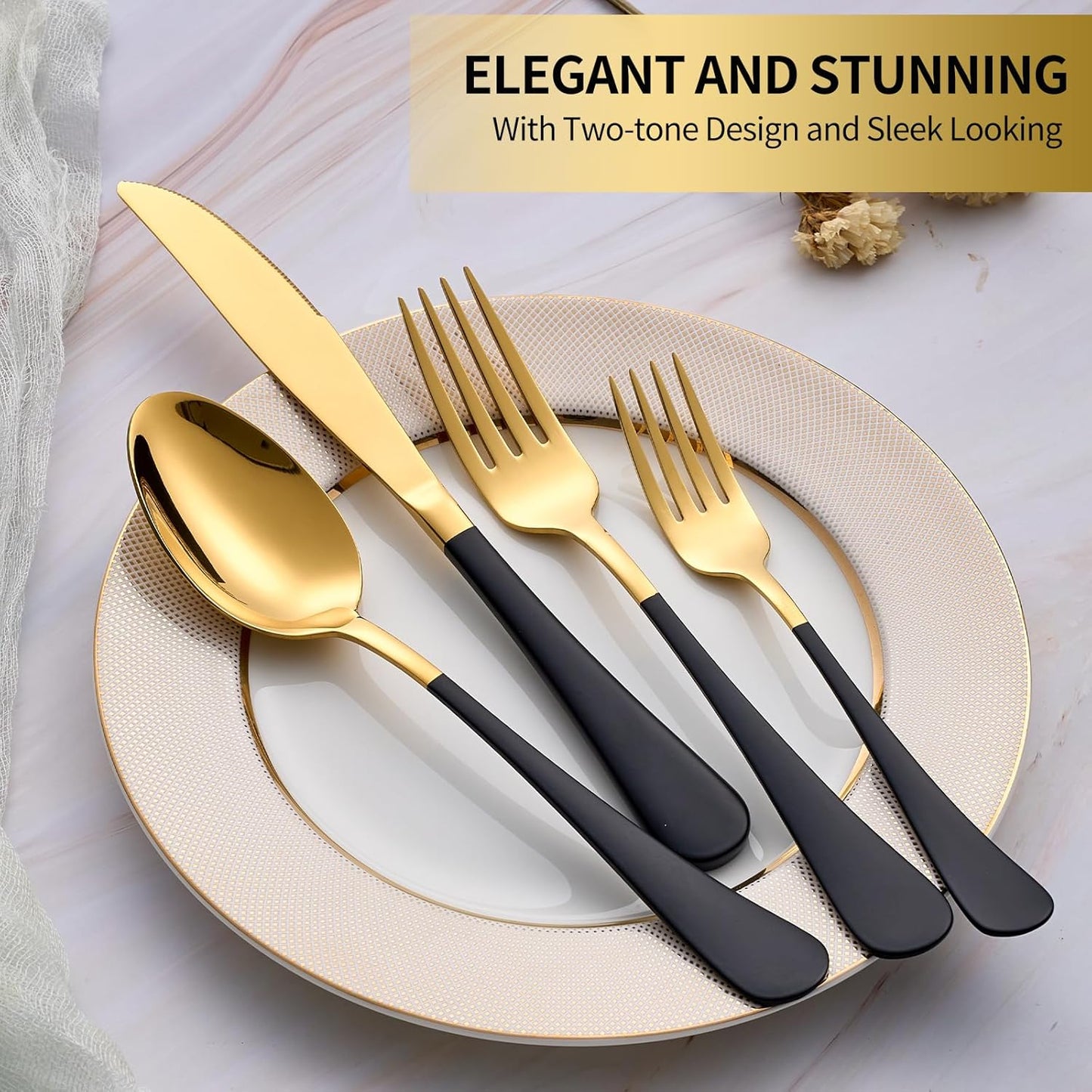 20-Piece Black & Gold Silverware Set, 18/0 Stainless Steel Colorful Handle Flatware Set, Service for 4, Modern Cutlery Set Includes Dinner Knives Forks Spoons, Mirror Polished, Dishwasher Safe