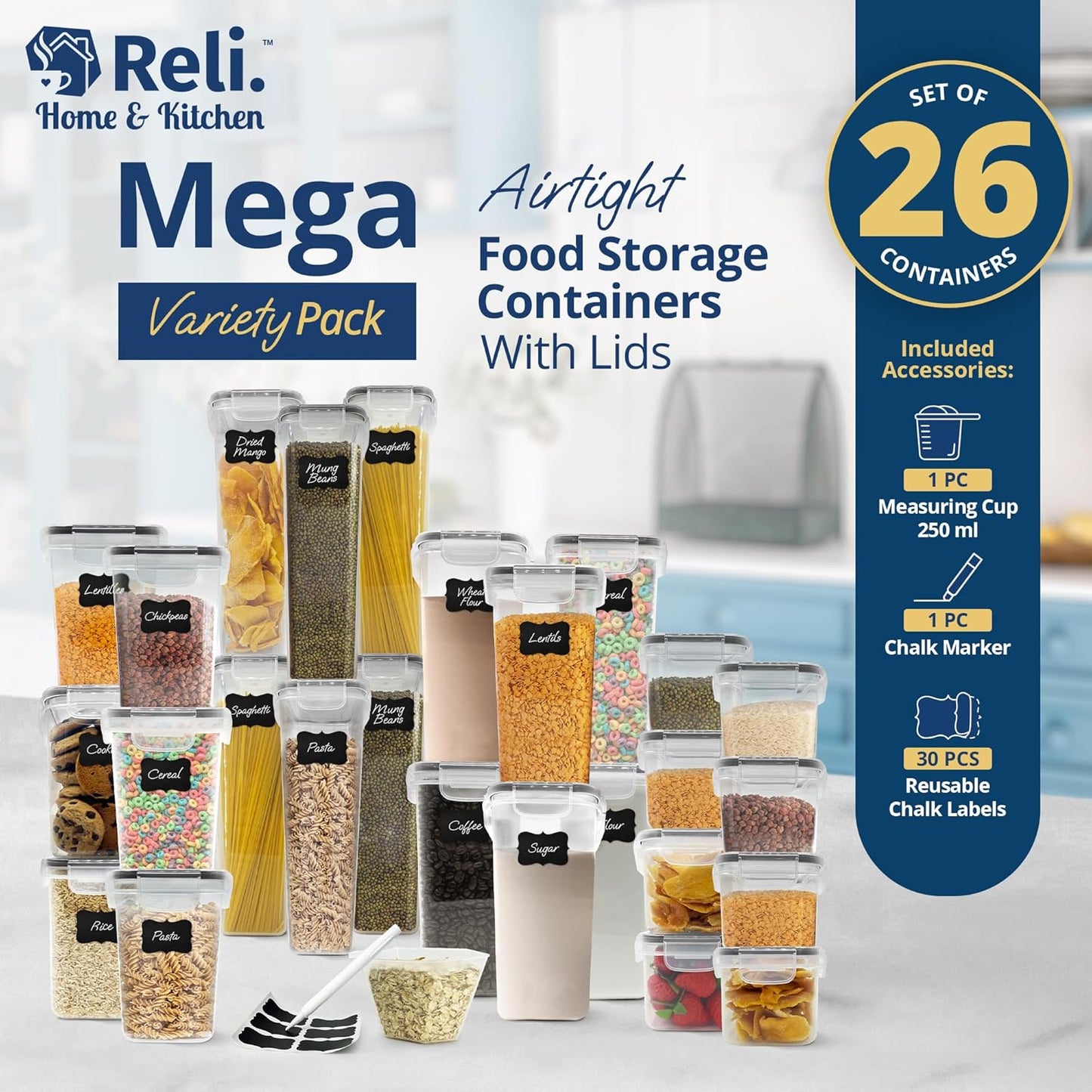 Reli. Airtight Food Storage Containers with Lids (26 Sets) | Kitchen Organizers and Storage Pantry Organizers | BPA Free Plastic Food Containers | Mega Variety Pack w/Measuring Cup, 30 Labels, Pen