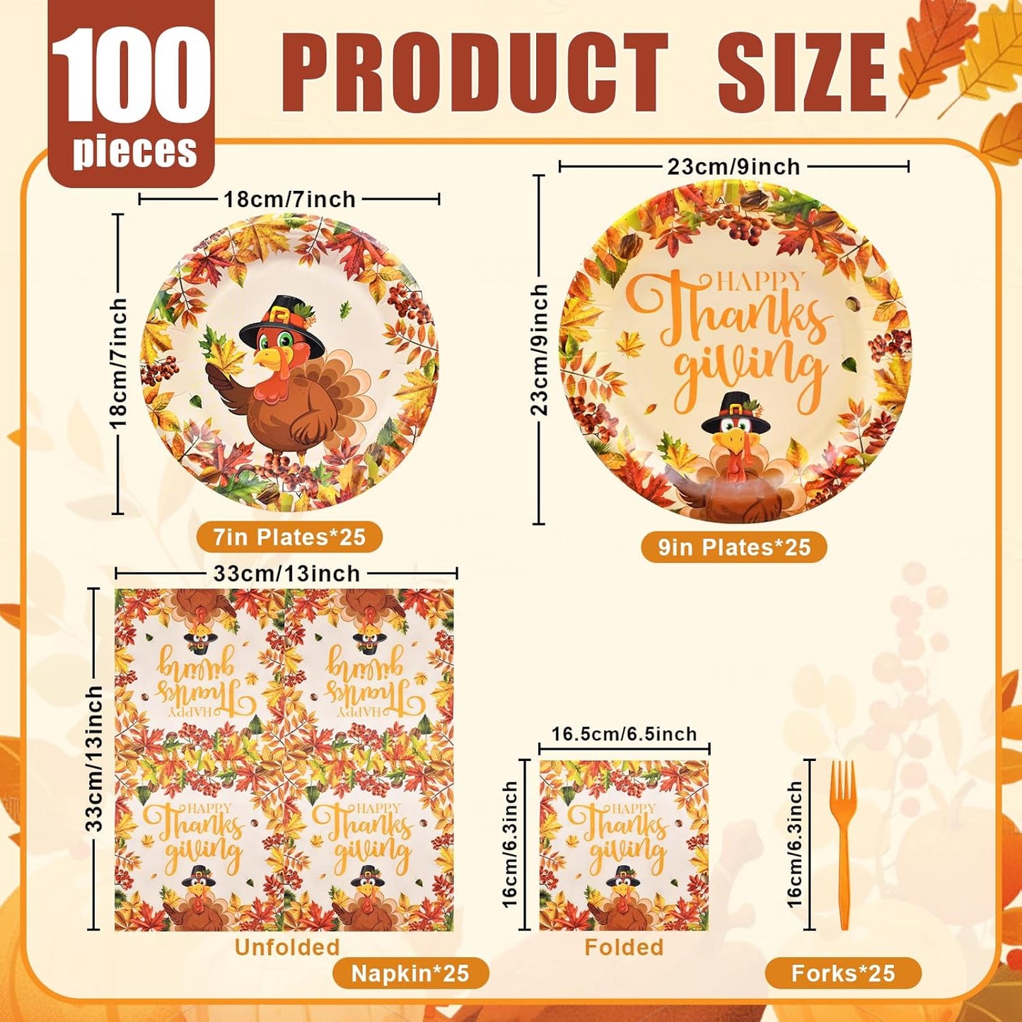 100 Pcs Thanksgiving Turkey Tableware Party Supplies – Disposable Fall Dinnerware Set with Paper Plates, Napkins, and Forks for Autumn Celebrations, Friendsgiving, and Thanksgiving Dinner – Serves 25