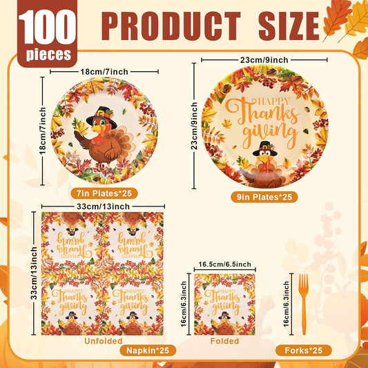100 Pcs Thanksgiving Turkey Tableware Party Supplies – Disposable Fall Dinnerware Set with Paper Plates, Napkins, and Forks for Autumn Celebrations, Friendsgiving, and Thanksgiving Dinner – Serves 25
