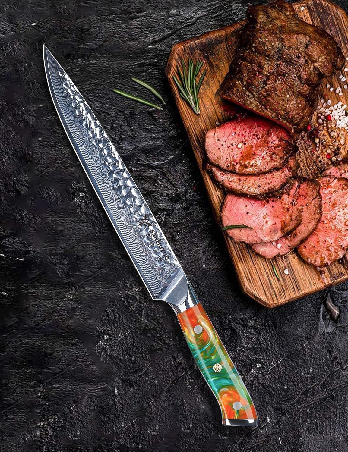 9 Inch Carving Knife, Slicing Knife - Hammered Damascus Steel & Resin Handle - Yao Series