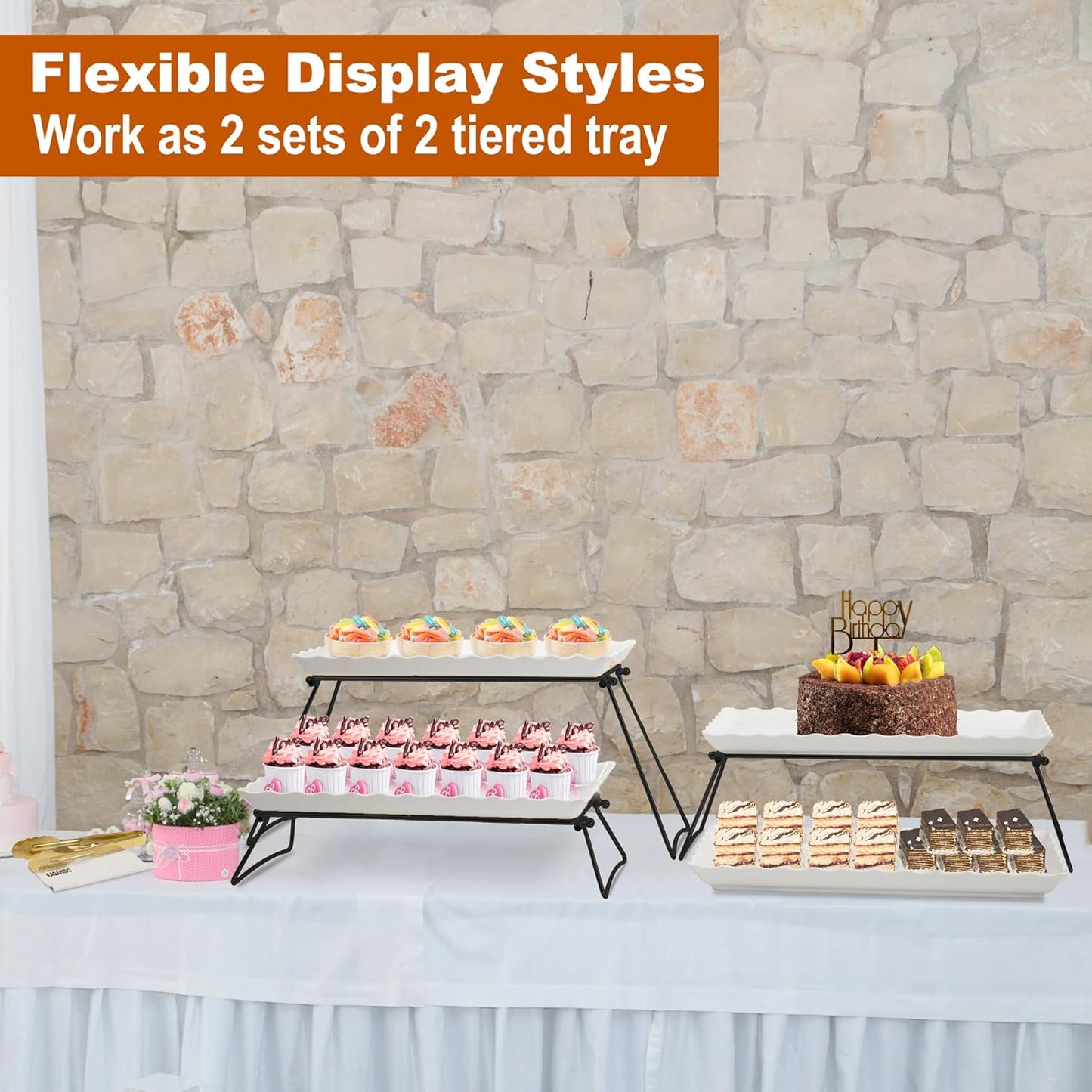 KAQAHIDO Extra Large 4 Tier Serving Tray Set, 34x22x10 inch Wave Edge Melamine Dessert Table Display Set, Tiered Trays Stand for Party Buffet Entertaining, Black and White