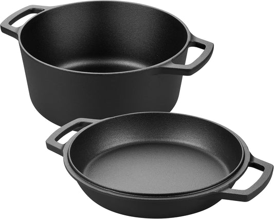 Pre-seasoned Cast Iron Double Dutch Oven Pot with Skillet Lid, Dual-handle, for Bread Baking, Outdoor, Campfire Cooking, 5 Quart