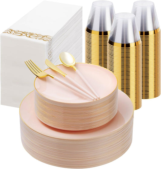 350 Pieces Pink Gold Plastic Dinnerware Set, Gold Disposable Plates for Party, Graduation, Include 100 Pink Plates with 150 Plastic Cutlery, 50 Napkins and 50 Cups