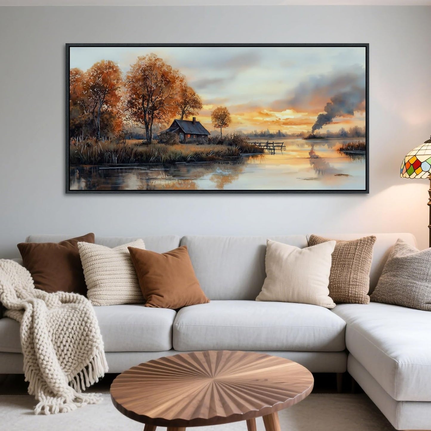 QZQCBLC Large Canvas Wall Art, Sunset Clouds Tree Cabin Landscape Pictures Lake View Farmhouse Orange Tone Painting Framed Artwork for Living room Bedroom kitchen Home Office Decor 29x58 IN
