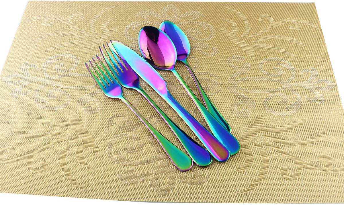 Gugrida 19 Pcs Mirror Polished Reusable Utensils Vitalt Eco-Friendly Stainless Steel Rainbow Flatware Dinnerware Set, Shiny Cutlery Knife Fork Spoon Fruit Fork Set & 1x Cake shovel, Service for 3