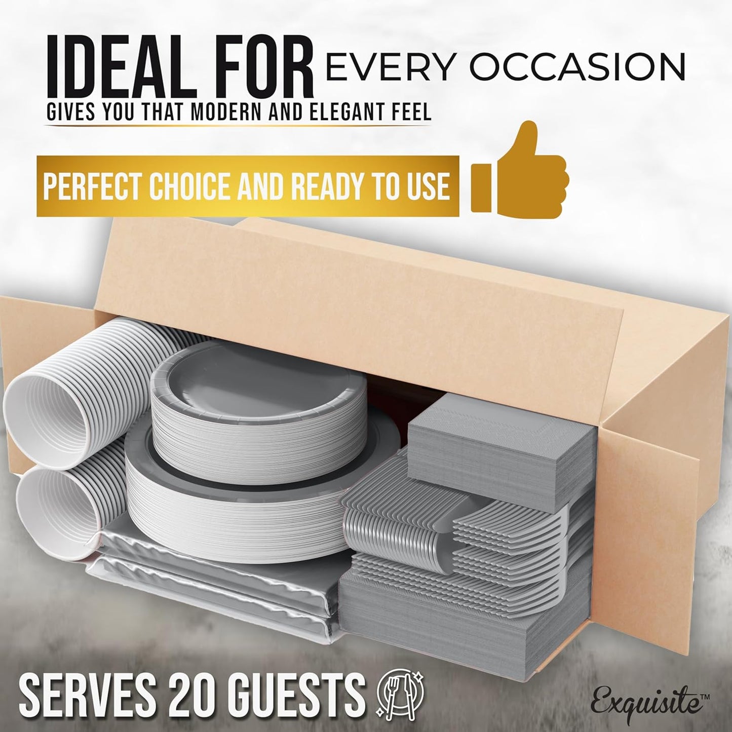 222 Pcs Silver Paper Plates and Napkins Sets, Disposable Plates For Party, Lunch & Cocktail Napkins Paper, 18oz Plastic Cups, Cutlery and Silver Table cloth Plastic Dinnerware Set