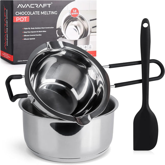 AVACRAFT Double Boiler 18/8 Stainless Steel Double Boiler Pot with Stainless Steel Pot and Silicone Spatula, Double Boiler Set for Melting Chocolate, Candy, Soap, Wax, Candle Making (1 Quart)