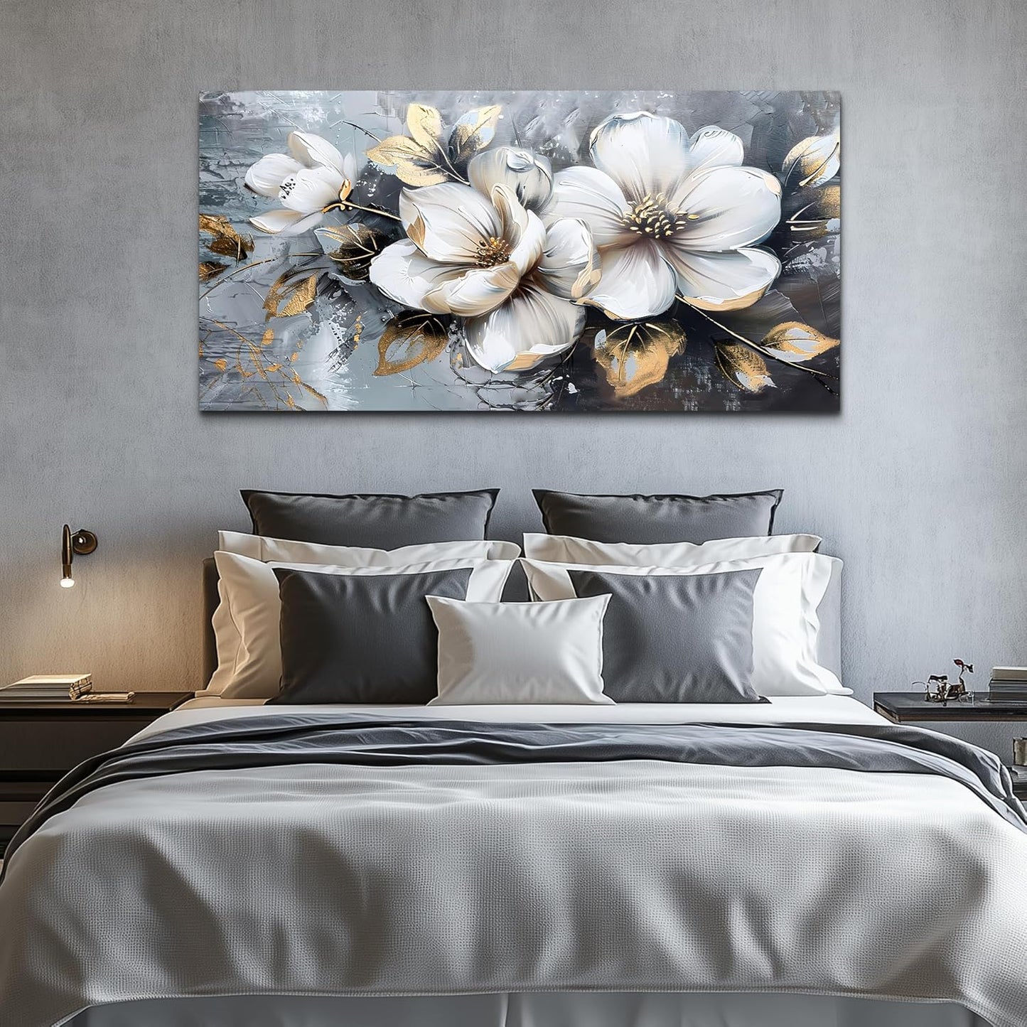 KELIYUAN Large Canvas Wall Art For Bedroom Wall Decor For Living Room Office Decorations Abstract White Flowers Paintings Pictures Artwork Modern Framed Posters Home Decor Ready To Hang 24"x48"