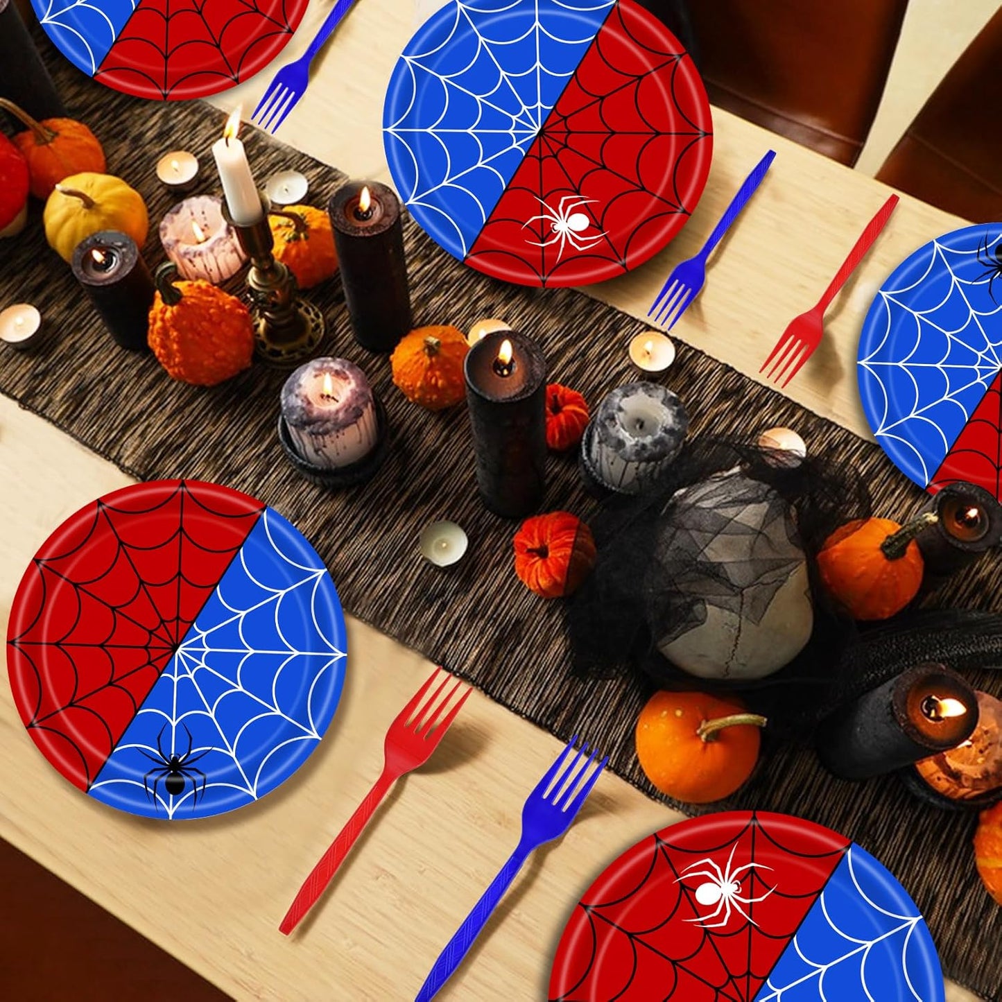 100 Pcs Spider Web Tableware Party Supplies – Disposable Red and Blue Web Paper Plates, Napkins, and Forks for Superhero Birthdays, Kids Parties, and Comic Theme Celebrations – Serves 25