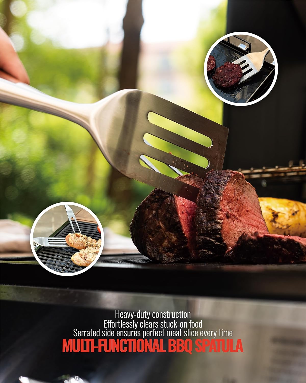 Heavy-Duty Heat-Treated Ash Wood BBQ Grilling Tools Set | Extra-Thick Stainless Steel Spatula, Fork & Tongs | Essential Barbecue Accessories, for Grill Enthusiasts