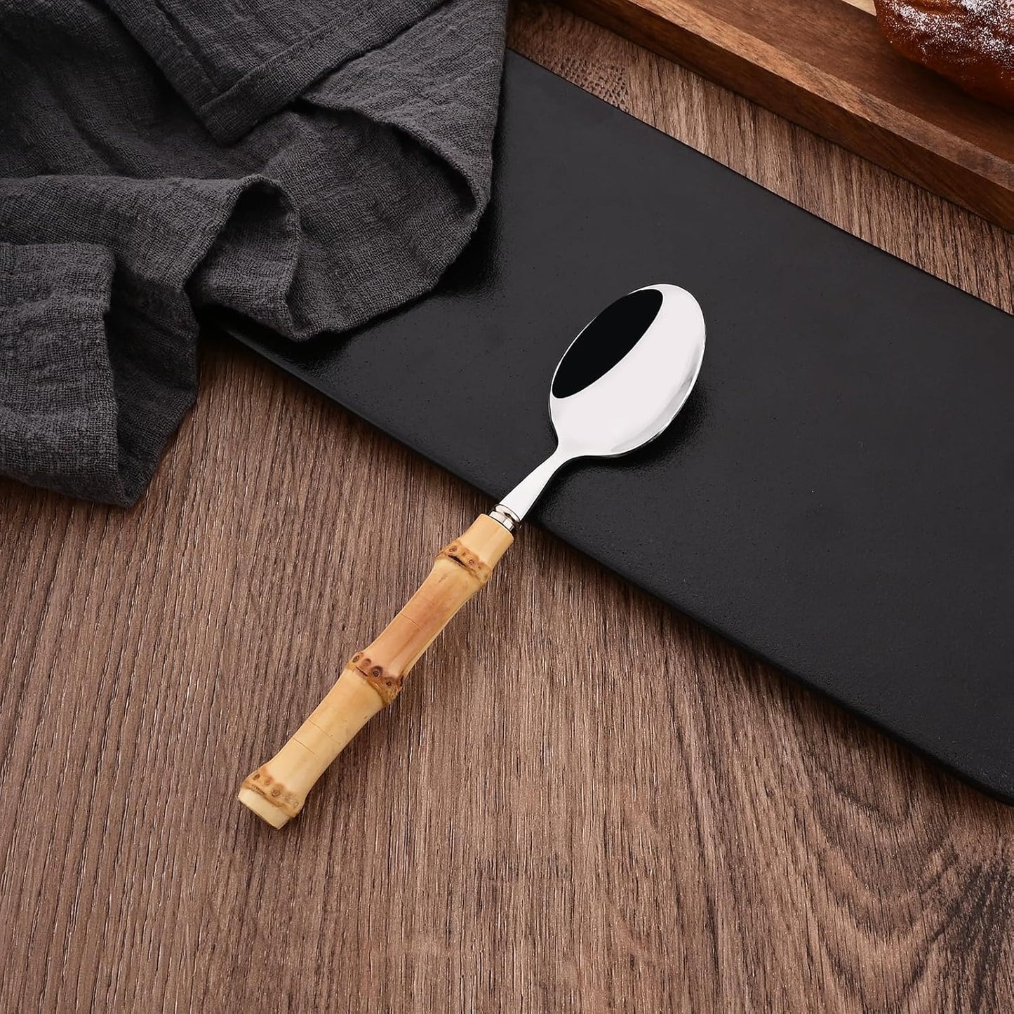 Dessert Spoon Set with Bamboo Handle, 8-Piece Stainless Steel Shiny Silver Dessert Spoon, Natural Bamboo Cutlery, Creative Design Small Spoons for Home Restaurant, 6.65 inch, Handcrafted