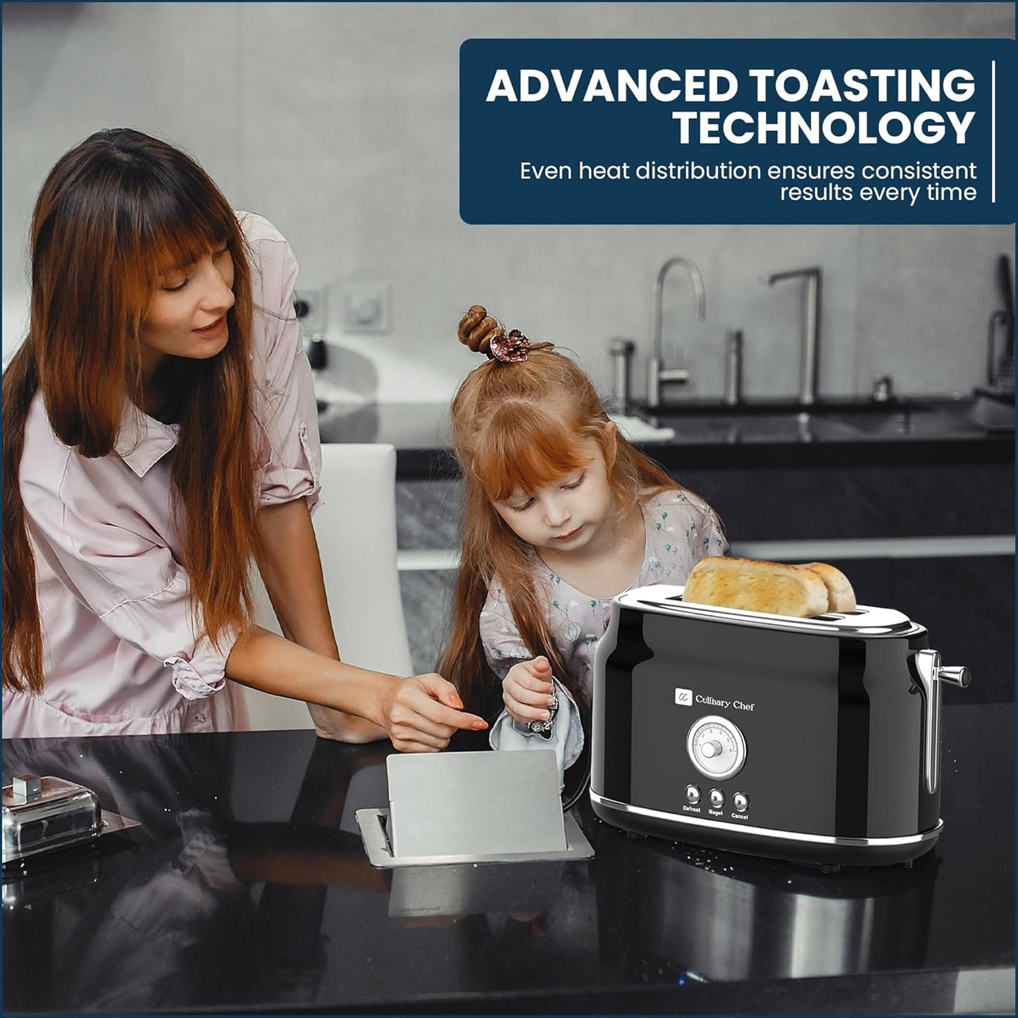 CULINARY CHEF, 2 Slice Toaster, Retro Style, Wide Slot for Bread, English Muffins, Croissants, and Bagels, 6 Adjustable Toast Settings, Cancel and Defrost, 900w, Black