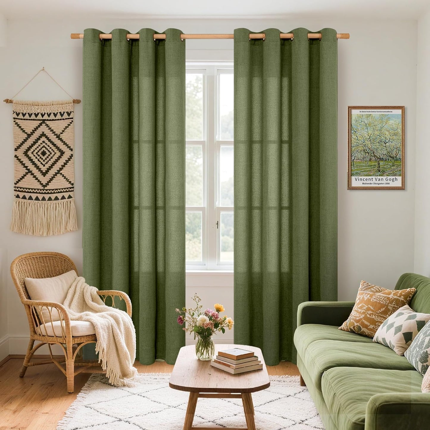 YoungsTex Olive Linen Semi Sheer Curtains 84 Inch Length 2 Panels for Living Room, Dark Green Drapes Light Filtering with Bronze Grommet Window Treatments for Dining Bedroom, 52 X 84 Inch