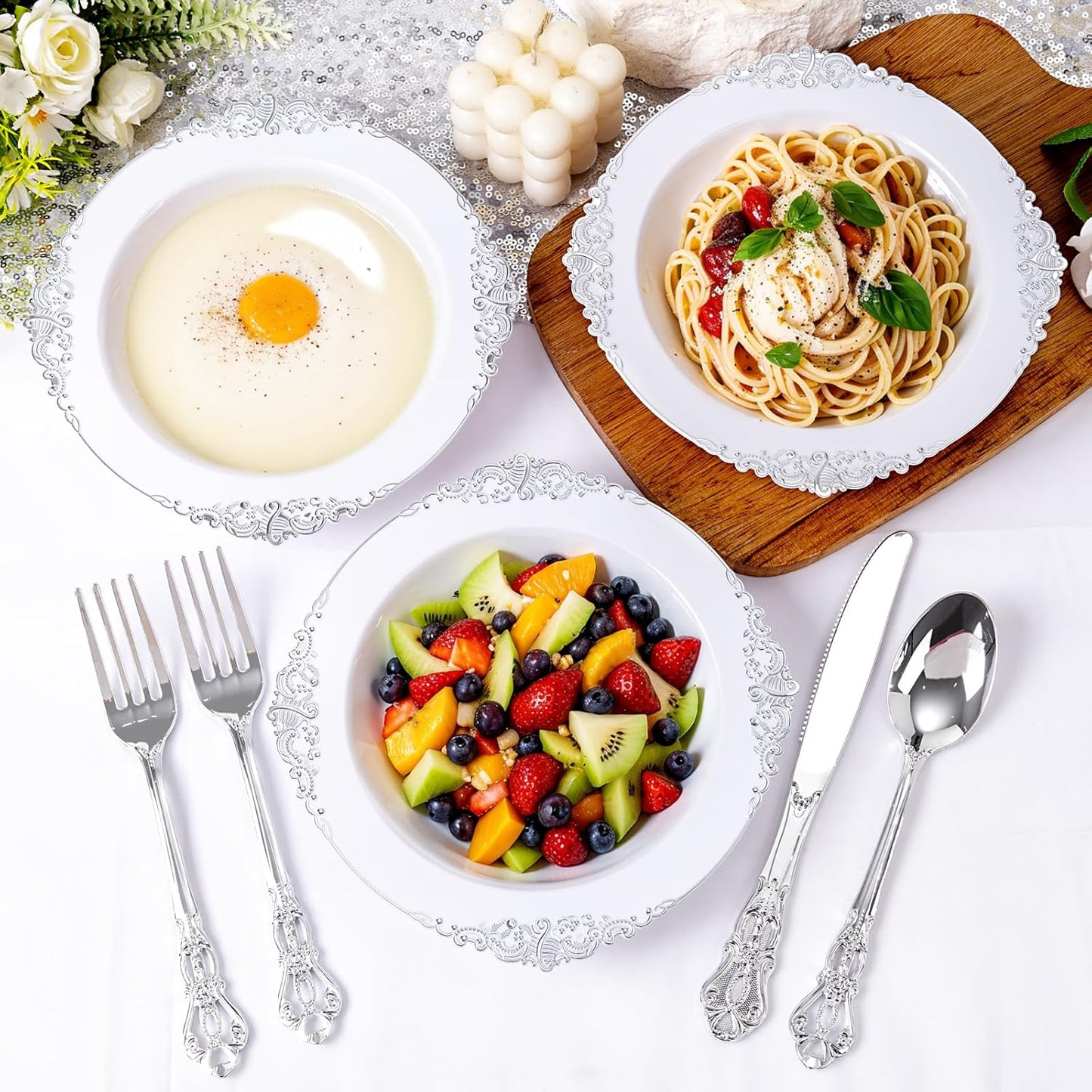 100PCS Silver Plastic Bowls - 12 oz Silver Disposable Salad Bowls - Heavy Duty Disposable Soup Bowl - Fancy Plastic Ice Cream Bowl for Weddings Parties Dinners Picnics